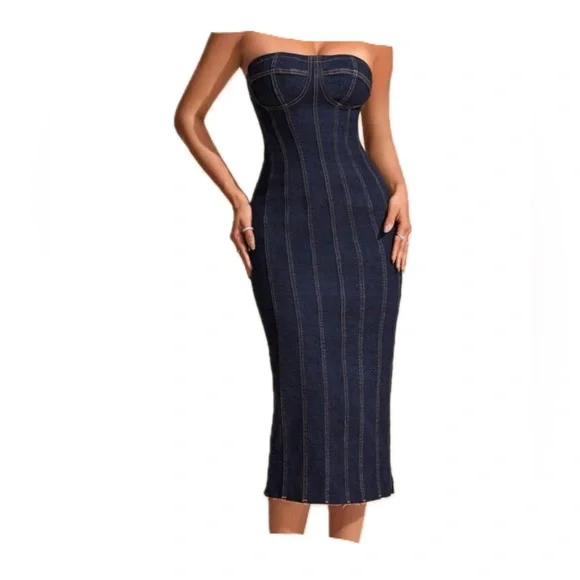 cobalt blue dress bodycon Tracy Studio COBALT BLUE LONG SLEEVE TRAPEZOID NECKLINE BODYCON FULL DRESS main image 1